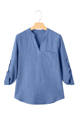 Ashleigh Blue Chest Pocket V Neck Plain Roll-up Sleeve Blouse