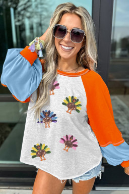 Light Grey Thanksgiving Turkey Graphic Sequins Patch Color Block Raglan Sleeve Top