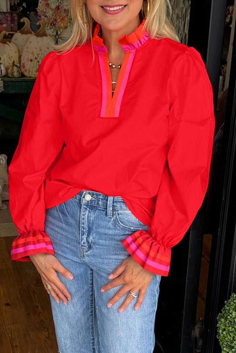Fiery Red Striped Trim Ruffle Split Neck Long Sleeve Blouse