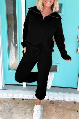 Black Zip Collar Long Sleeve Top Drawstring Pants Set