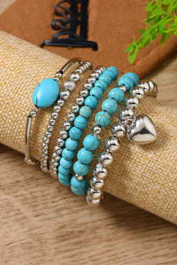 Silvery Heart Pendant Turquoise Beaded Bracelet Set