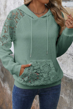 Smoke Green Lace Patchwork Raglan Sleeve Kangaroo Pocket Waffle Hoodie