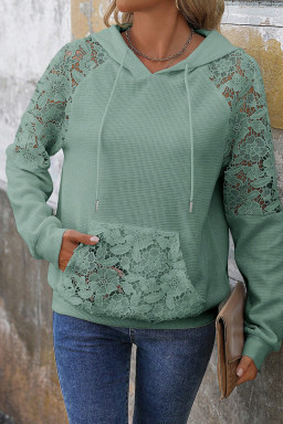 Smoke Green Lace Patchwork Raglan Sleeve Kangaroo Pocket Waffle Hoodie