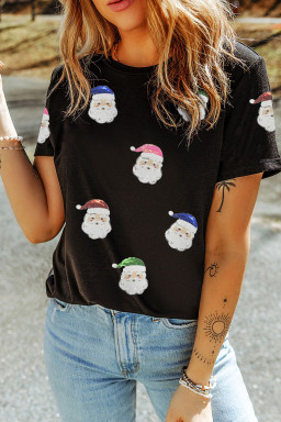 Black Father Christmas Graphic Sequins Patch T Shirt