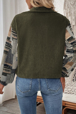 Jungle Green Ribbed Fleece Plaid Print Patchwork Button Up Jacket