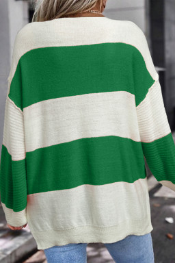 Green Stripe Colorblock V Neck Side Slits Sweater