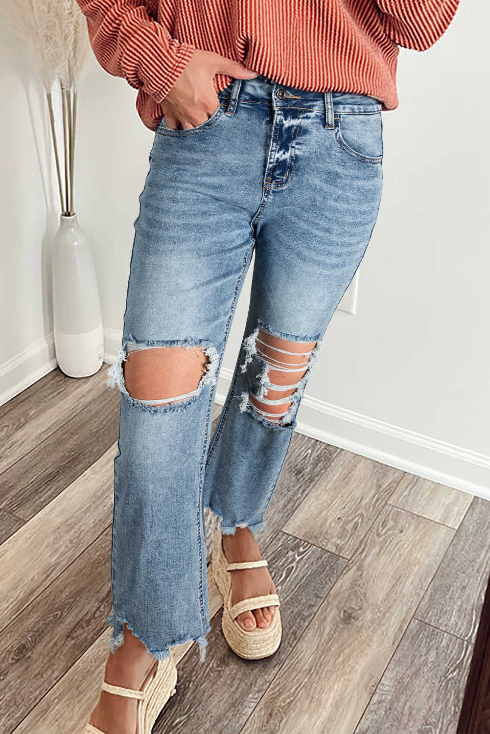 Myosotis Raw Hem Ripped Open Knee Vintage Jeans