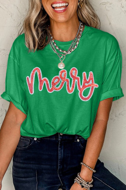 Bright Green merry Letter Sequins Patch Cotton Blend Tee