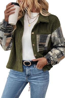 Jungle Green Ribbed Fleece Plaid Print Patchwork Button Up Jacket