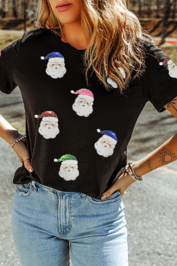Black Father Christmas Graphic Sequins Patch T Shirt