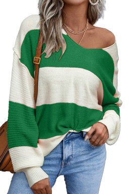 Green Stripe Colorblock V Neck Side Slits Sweater