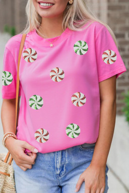 Sachet Pink Peppermint Candy Pattern Sequins Patch Christmas Custom T Shirt