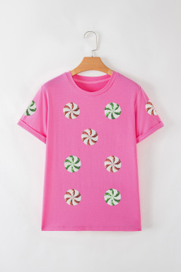 Sachet Pink Peppermint Candy Pattern Sequins Patch Christmas Custom T Shirt
