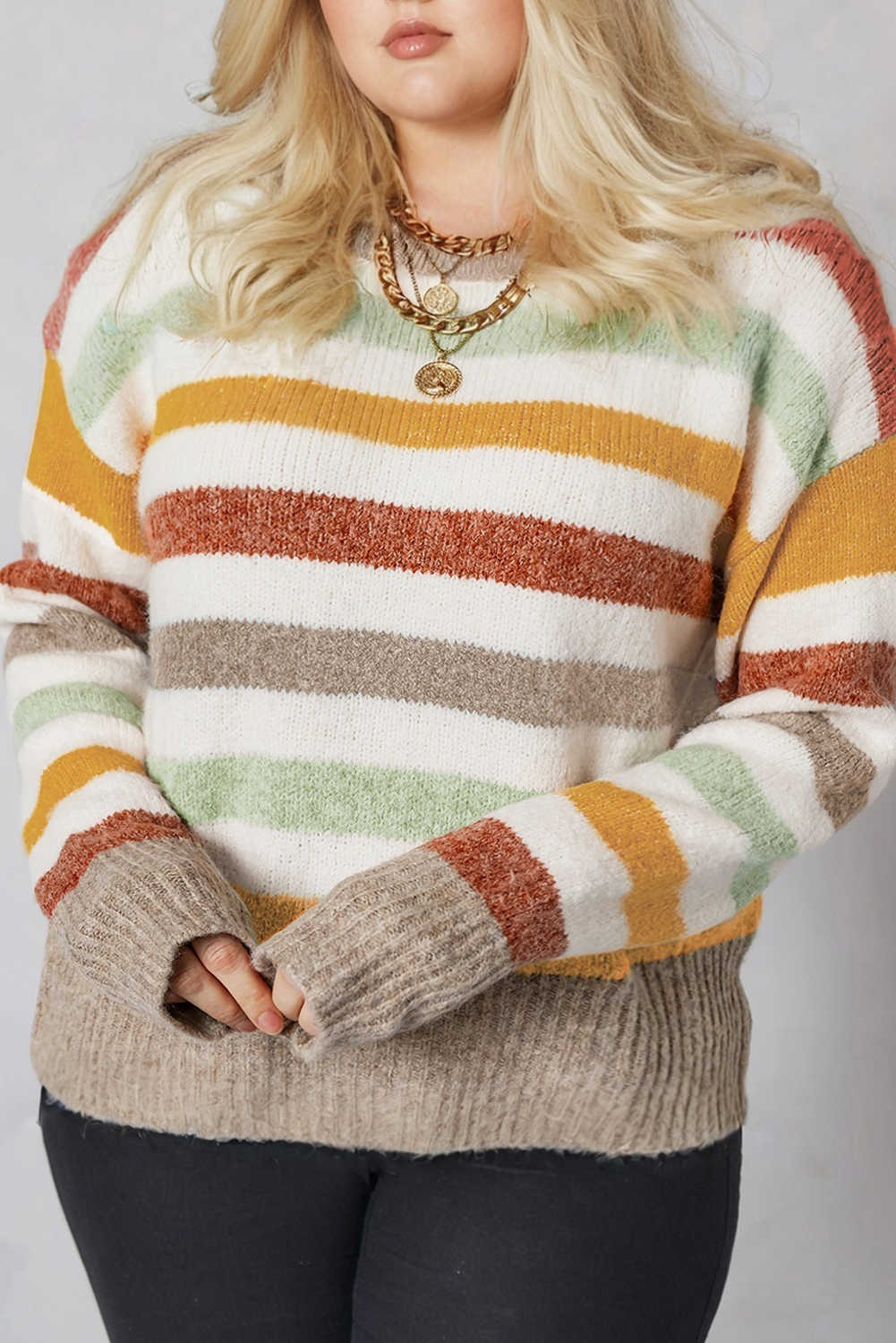 Multicolour Striped Colorblock Drop Shoulder Plus Size Sweater