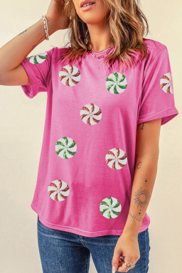 Sachet Pink Peppermint Candy Pattern Sequins Patch Christmas Custom T Shirt