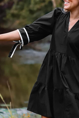 Black Contrast Trim Knot Cuffs Plus Size V Neck Mini Dress