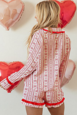 Red Sweet Floral Heart Bow Print Contrast Trim Long Sleeve Shirt Pajama Short Set
