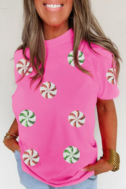 Sachet Pink Peppermint Candy Pattern Sequins Patch Christmas Custom T Shirt