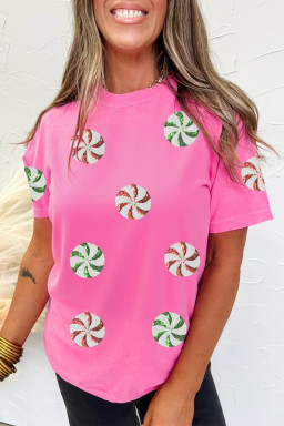 Sachet Pink Peppermint Candy Pattern Sequins Patch Christmas Custom T Shirt