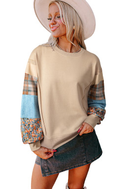 Smoke Gray Plaid Patchwork Sleeve Raw Seam Sweatshirt