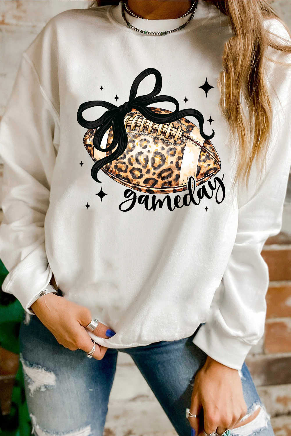 White Game Day Leopard Football Graphic Heat Transfer Printing Crew Neck Sweatshirt