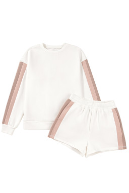 White Colorblock Patchwork Drop Shoulder Pullover Casual Shorts Outfit