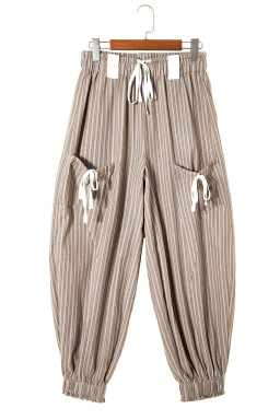 Brown Striped Pocket Knot Detail Lantern Pants