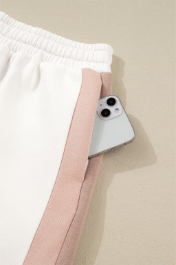 White Colorblock Patchwork Drop Shoulder Pullover Casual Shorts Outfit