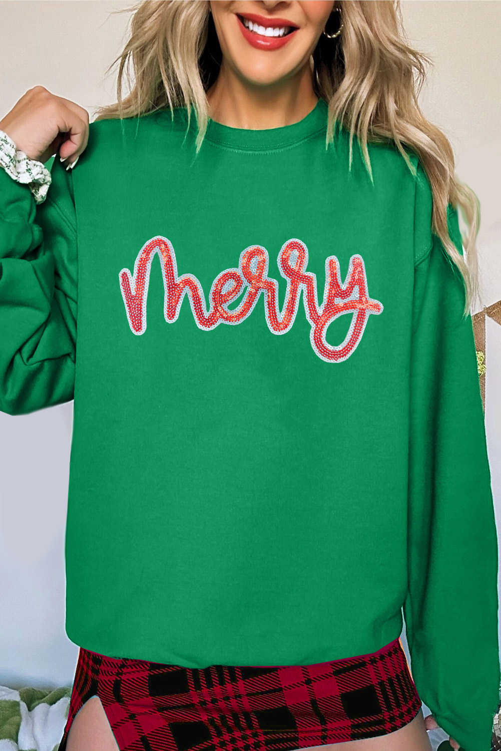 Dark Green Sequin merry Letter Patch Application Drop Shoulder Baggy Sweatshirt