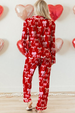 Red Sweet Bow Print Shirt Style Top Long 2pcs Pajama Set