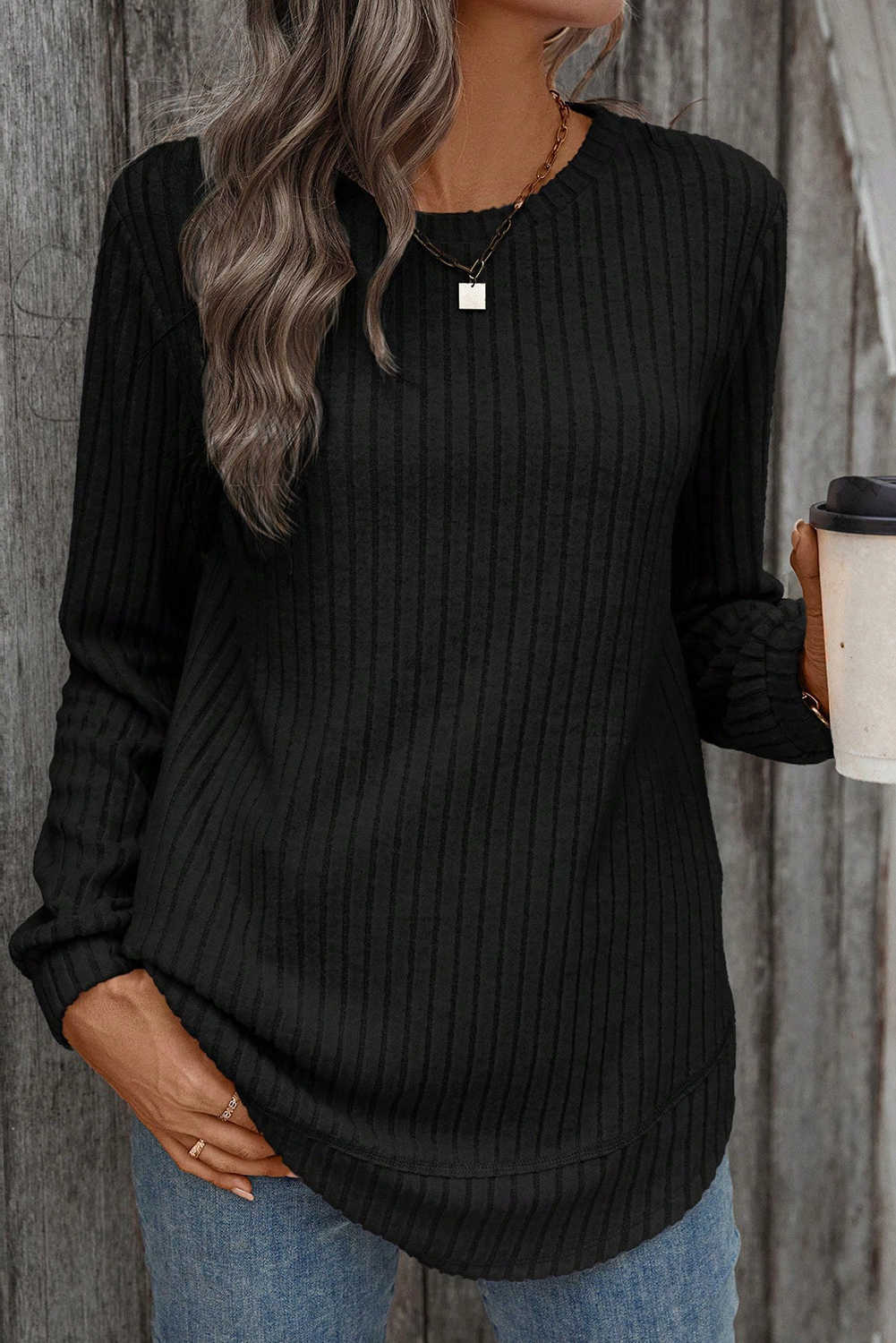 Black Ribbed Texture Round Neck Long Sleeve Rounded Hem Top