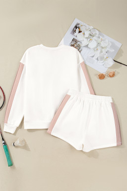White Colorblock Patchwork Drop Shoulder Pullover Casual Shorts Outfit