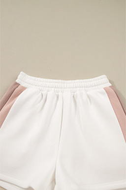 White Colorblock Patchwork Drop Shoulder Pullover Casual Shorts Outfit