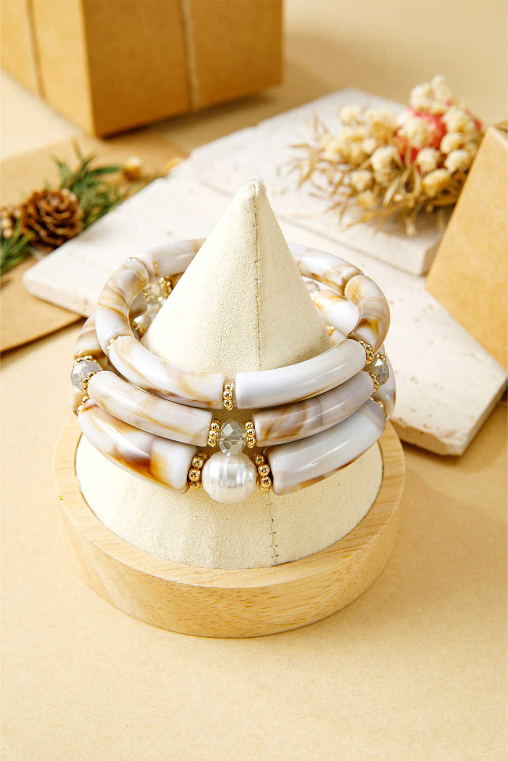 White 3pcs Boho Vintage Acrylic Beaded Bracelet Set