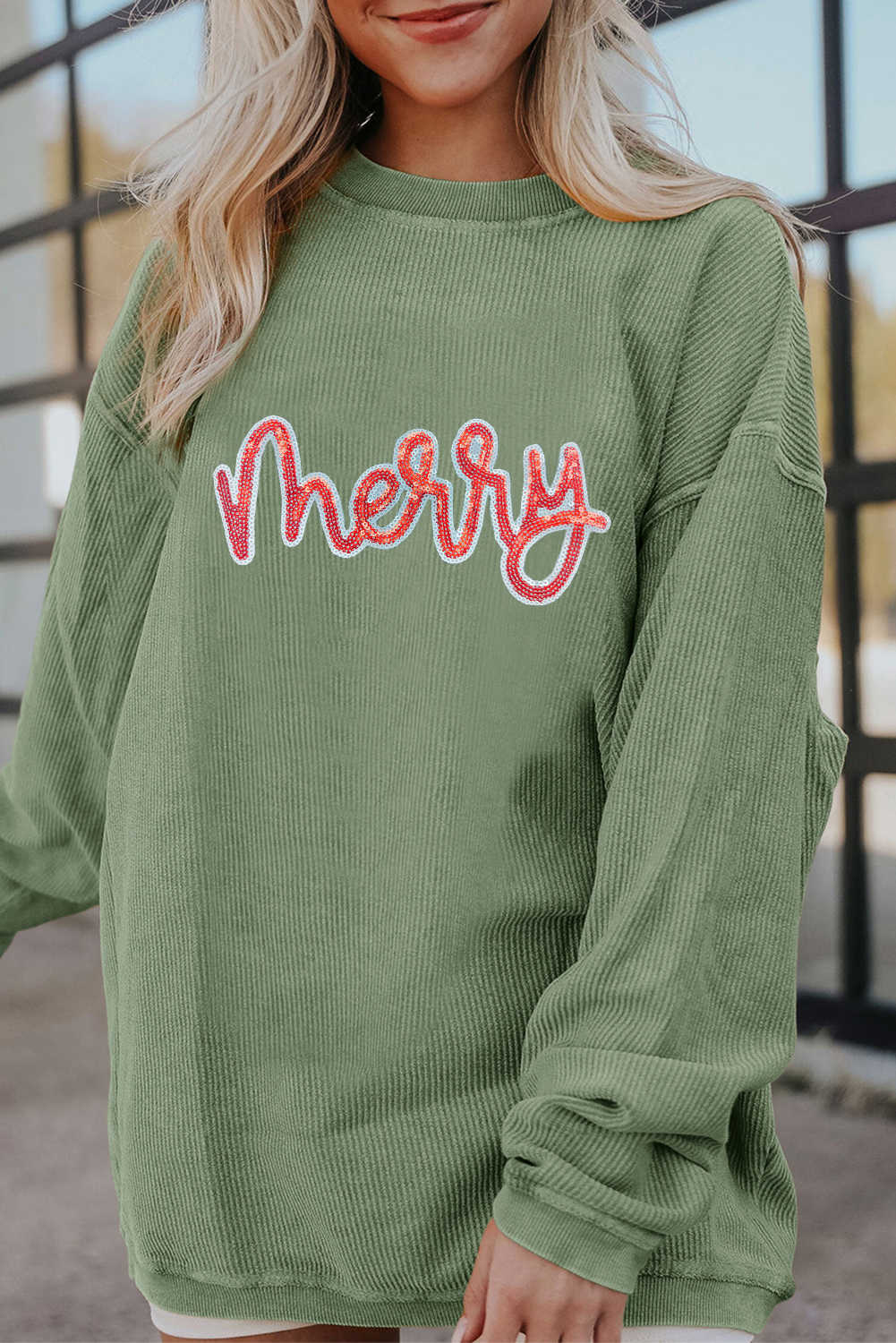 Grass Green Sequin merry Letter Patch Application Twisted Ribbed Baggy Sweatshirt