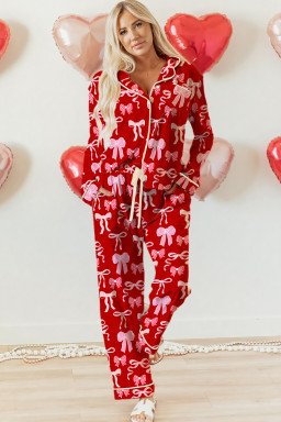 Red Sweet Bow Print Shirt Style Top Long 2pcs Pajama Set