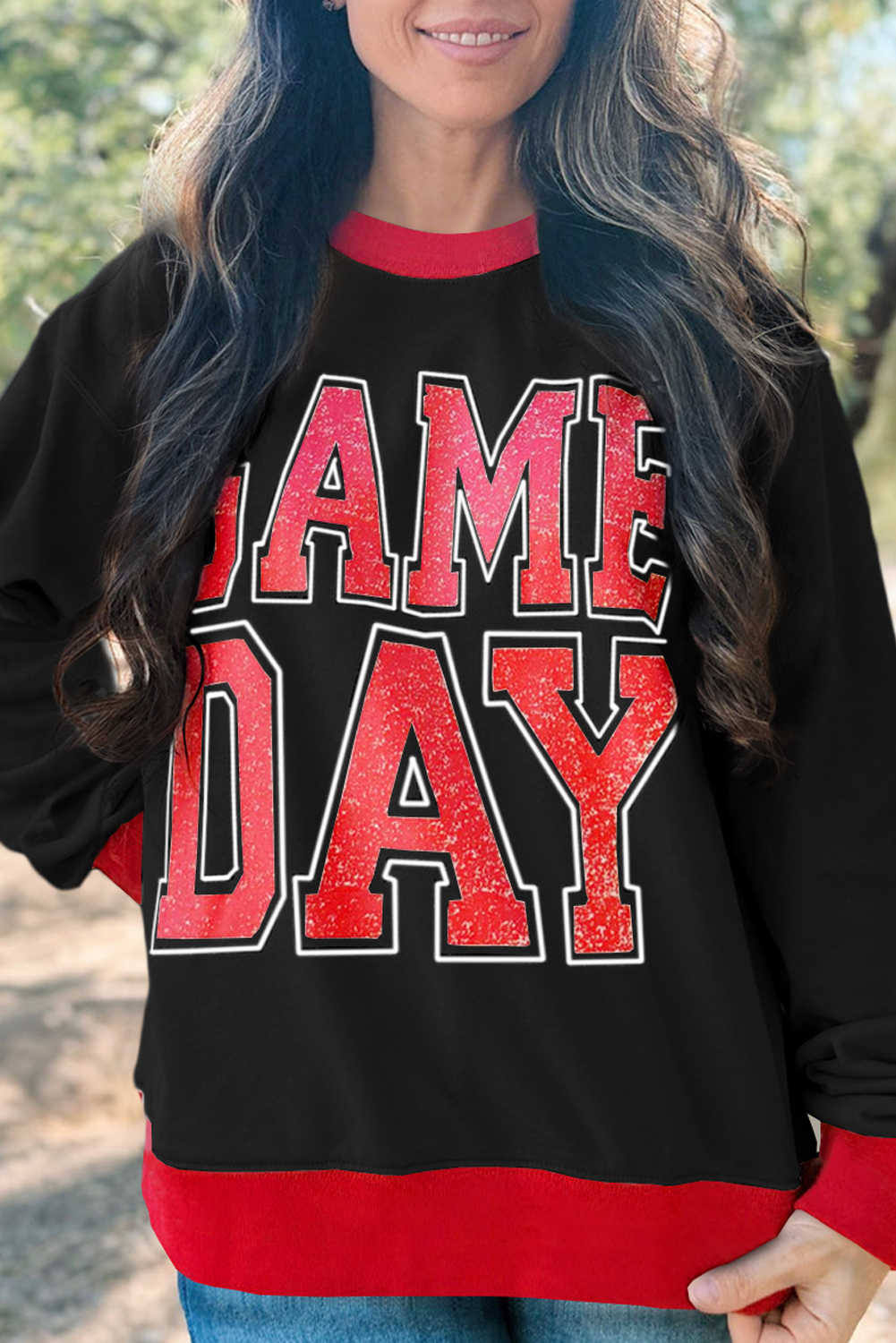 Black GAME DAY Letter Contrast Trim Baggy Sweatshirt