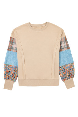 Smoke Gray Plaid Patchwork Sleeve Raw Seam Sweatshirt