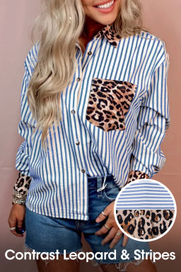 Sky Blue Contrast Leopard and Stripes Button Up Shirt