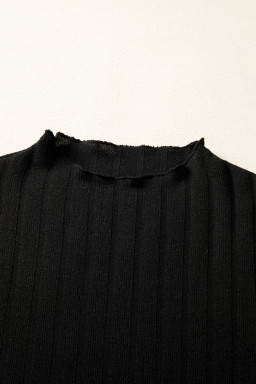 Black Frilled Neck Ribbed Knit Patchwork Long Sleeve Mini Dress