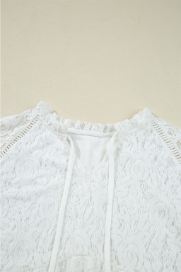 White Tie V Neck Lace Ruffle Detail Long Sleeve Blouse