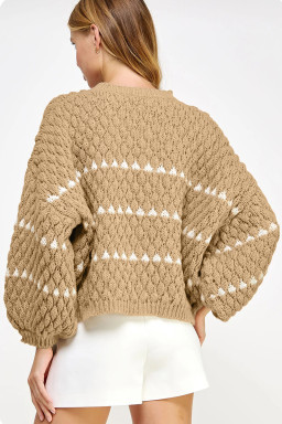 Pale Khaki Contrast Detail Textured Knit Puff Sleeve Baggy Sweater