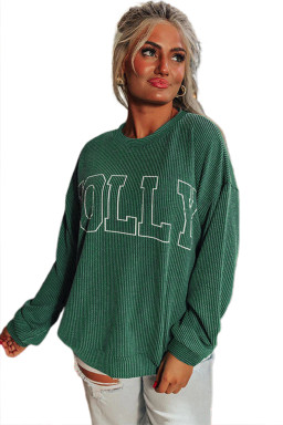 Blackish Green Twisted Rib Merry Letter Graphic Loose Long Sleeve Top