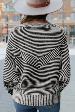 Black Striped Print Ribbed Knit Raglan Sleeve Baggy Sweater