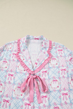 Pink Bow Wreath Pattern Christmas Holiday Bow Tie Front Pajama Set