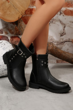 Black Studded Buckle Decor Side Zip Faux Leather Boots