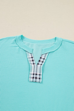 Aruba Blue Twist Ribbed Colorblock Plaid Patchwork Plus Size Top
