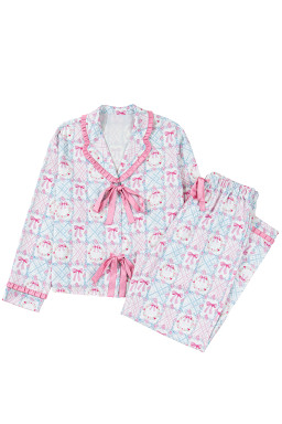 Pink Bow Wreath Pattern Christmas Holiday Bow Tie Front Pajama Set