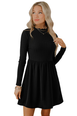Black Frilled Neck Ribbed Knit Patchwork Long Sleeve Mini Dress