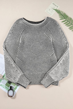 Black Striped Print Ribbed Knit Raglan Sleeve Baggy Sweater